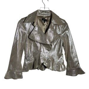Bebe Women’s Size Small Vintage Y2K Light Gold Leather Peplum Jacket Ruffle Hem
